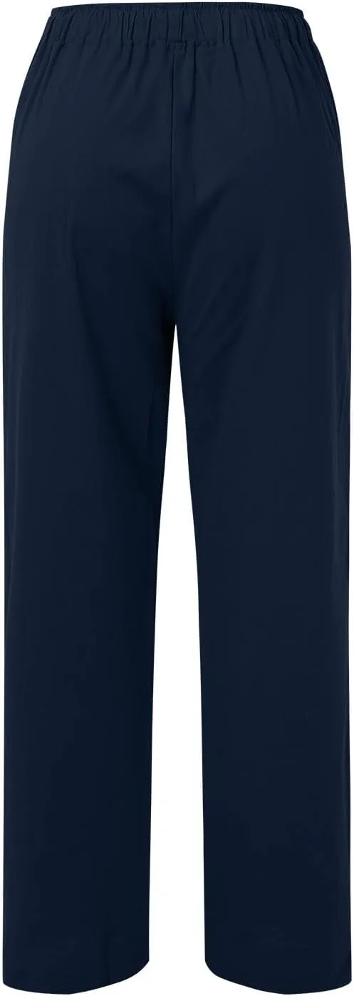 Women High Waist Wide Leg Pants 2024 Fashion Drawstring Elastic Beach Trousers Summer Comfy Straight Leg Long Pants Pockets