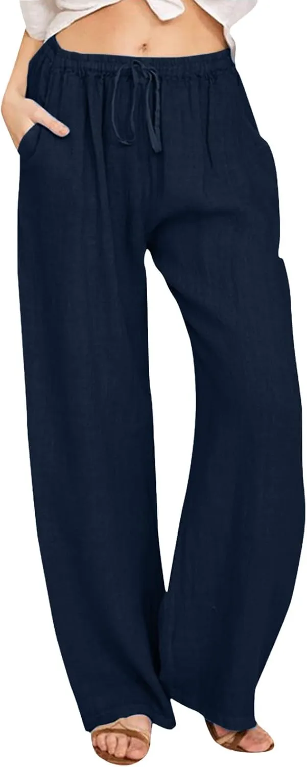 Women High Waist Wide Leg Pants 2024 Fashion Drawstring Elastic Beach Trousers Summer Comfy Straight Leg Long Pants Pockets