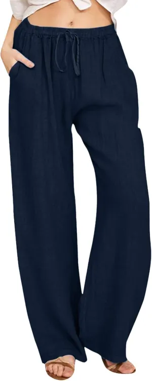 Women High Waist Wide Leg Pants 2024 Fashion Drawstring Elastic Beach Trousers Summer Comfy Straight Leg Long Pants Pockets