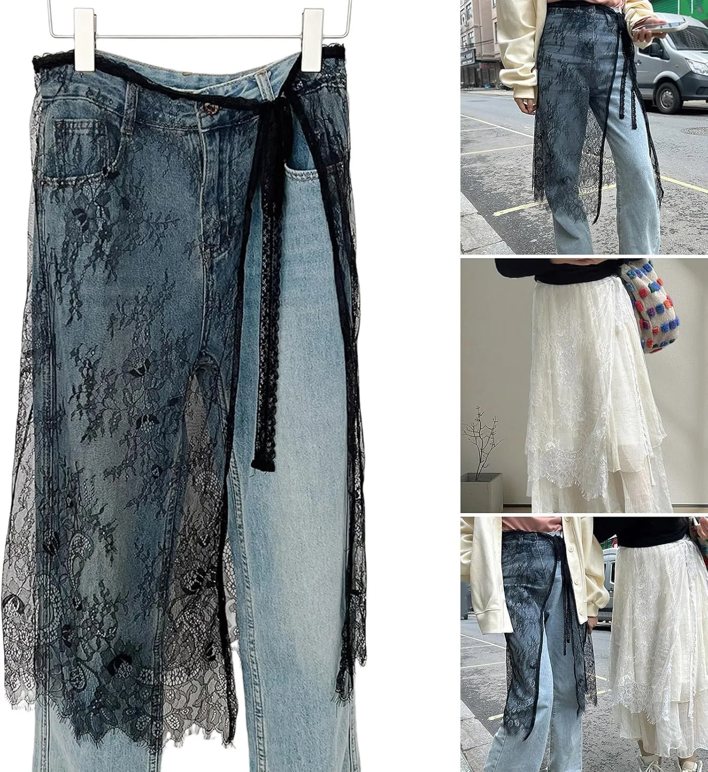 Women Korean Eyelash Lace Layering Long Skirt Hip Scarf with Tie Up Vintage Flower Lace Hip Covering Apron Skirts