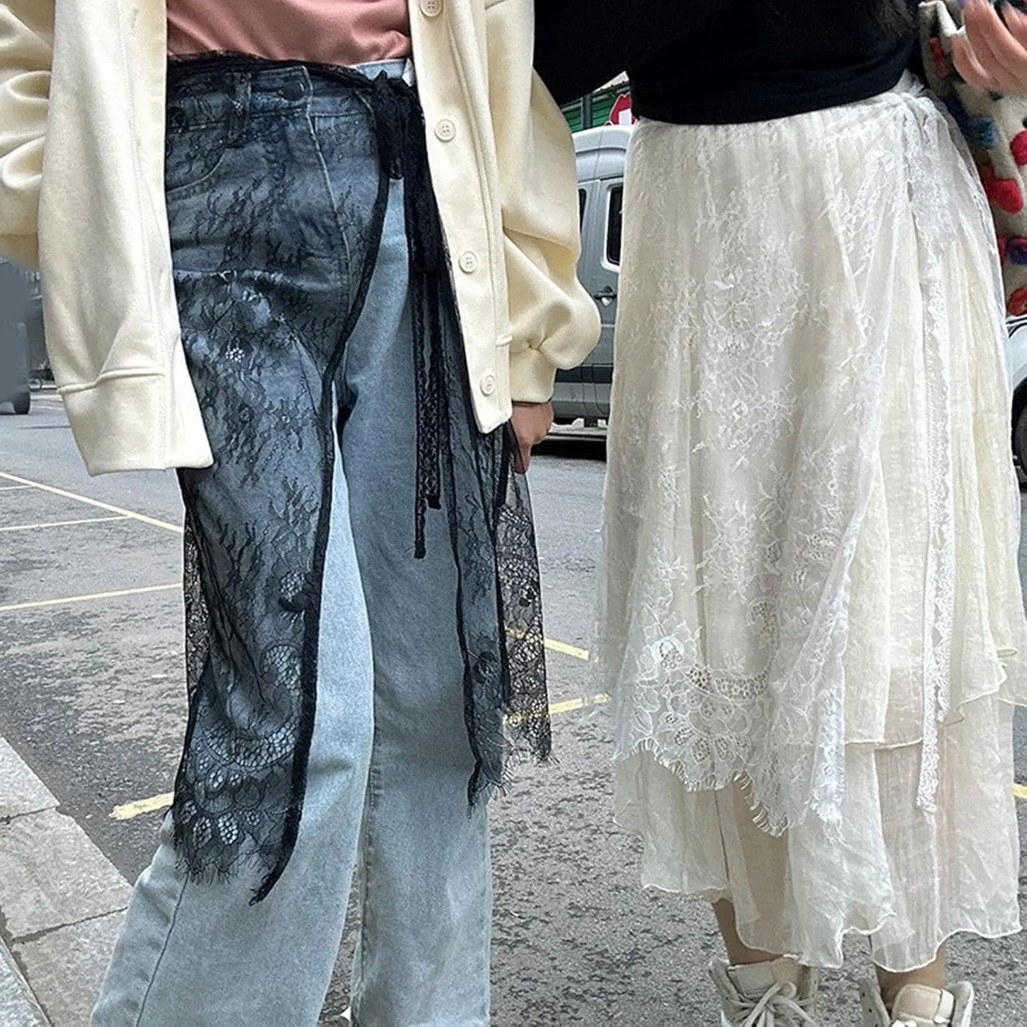 Women Korean Eyelash Lace Layering Long Skirt Hip Scarf with Tie Up Vintage Flower Lace Hip Covering Apron Skirts