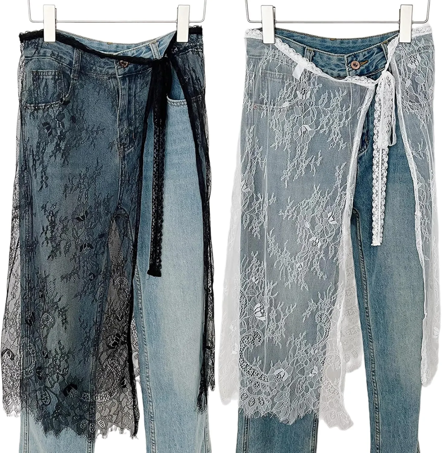 Women Korean Eyelash Lace Layering Long Skirt Hip Scarf with Tie Up Vintage Flower Lace Hip Covering Apron Skirts