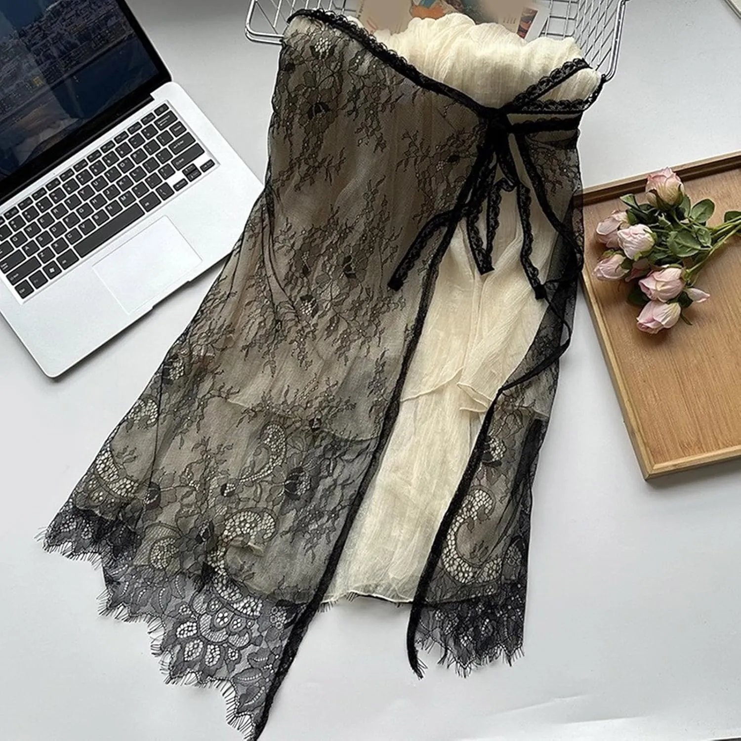 Women Korean Eyelash Lace Layering Long Skirt Hip Scarf with Tie Up Vintage Flower Lace Hip Covering Apron Skirts