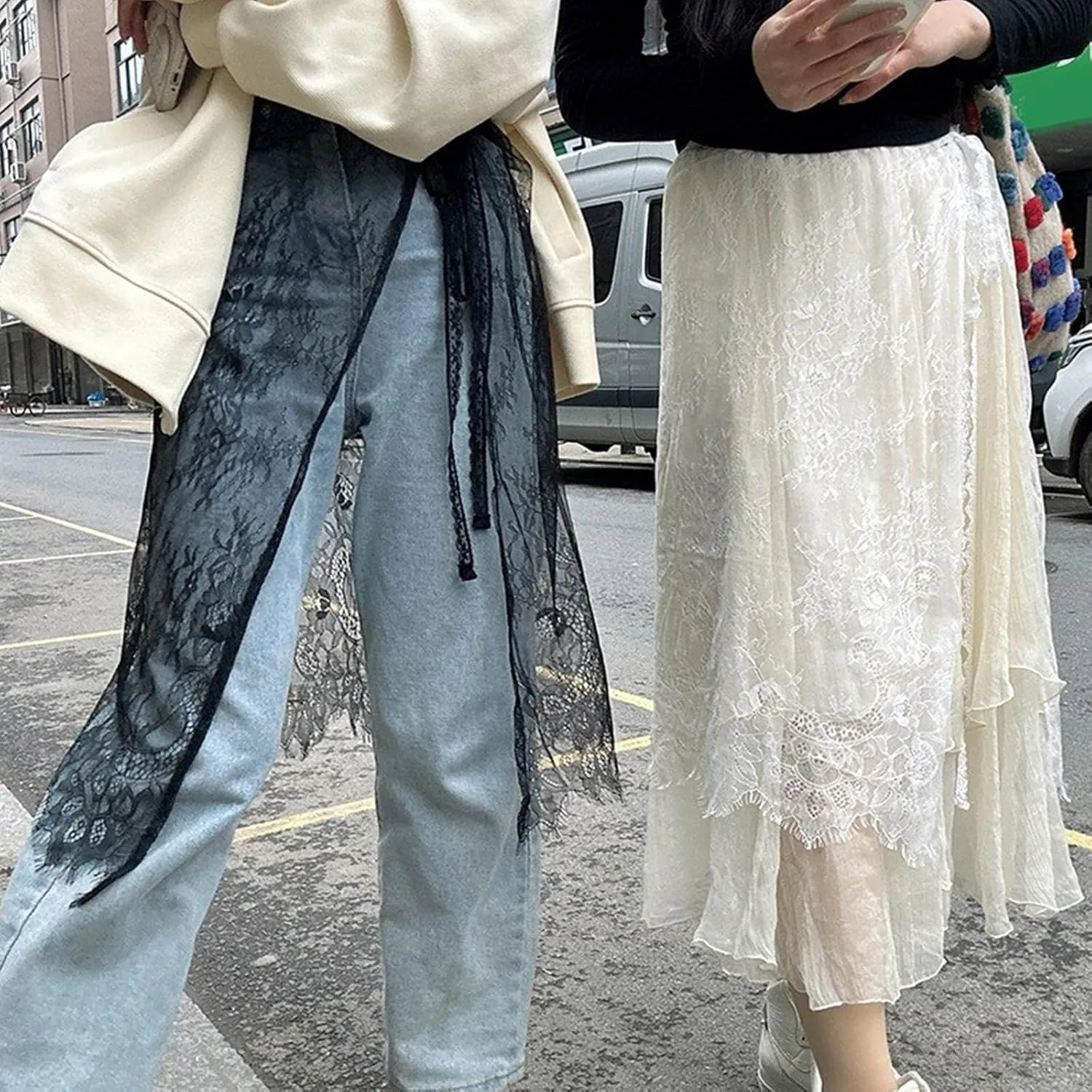 Women Korean Eyelash Lace Layering Long Skirt Hip Scarf with Tie Up Vintage Flower Lace Hip Covering Apron Skirts