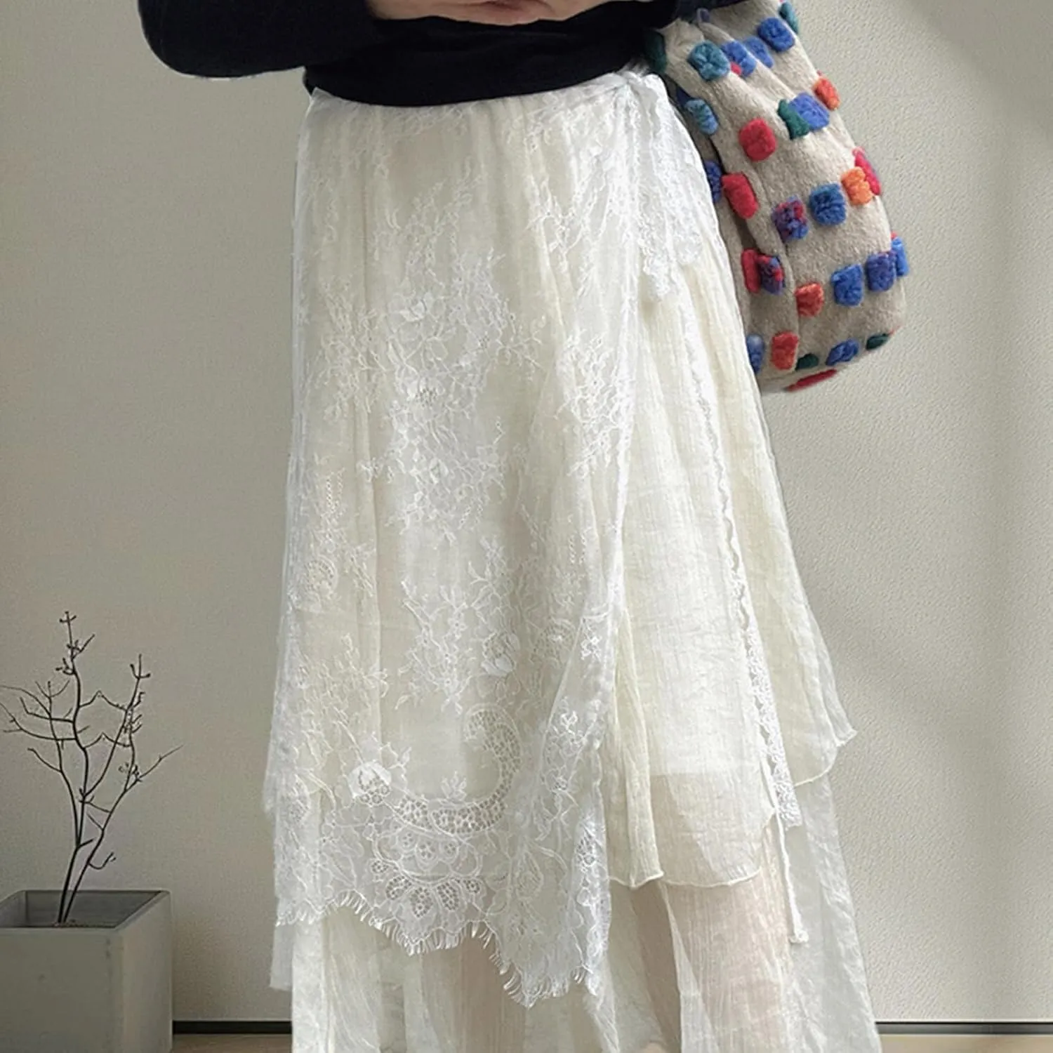 Women Korean Eyelash Lace Layering Long Skirt Hip Scarf with Tie Up Vintage Flower Lace Hip Covering Apron Skirts