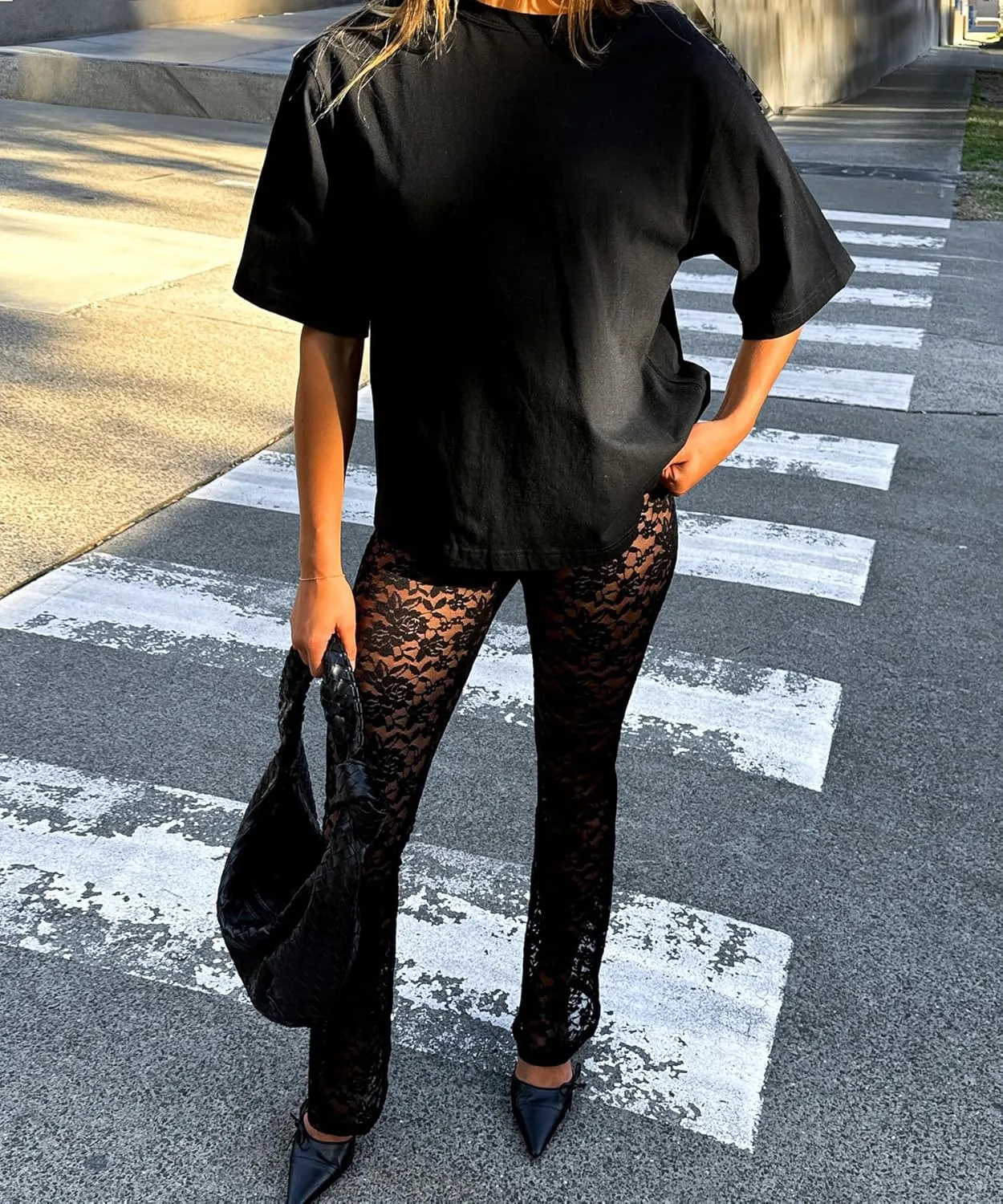 Women Lace Pants Leggings Sexy Sheer Mesh Rave Pants Wide Leg Bell Bottom Cover Up
