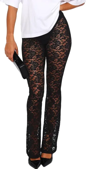 Women Lace Pants Leggings Sexy Sheer Mesh Rave Pants Wide Leg Bell Bottom Cover Up
