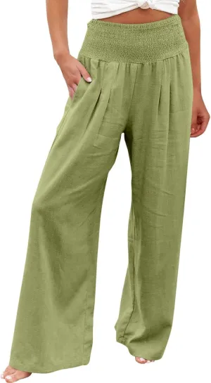 Women Linen Palazzo Pants Summer Boho Wide Leg Smocked High Waist Casual Lounge Pants Beach Travel Vacation Trousers
