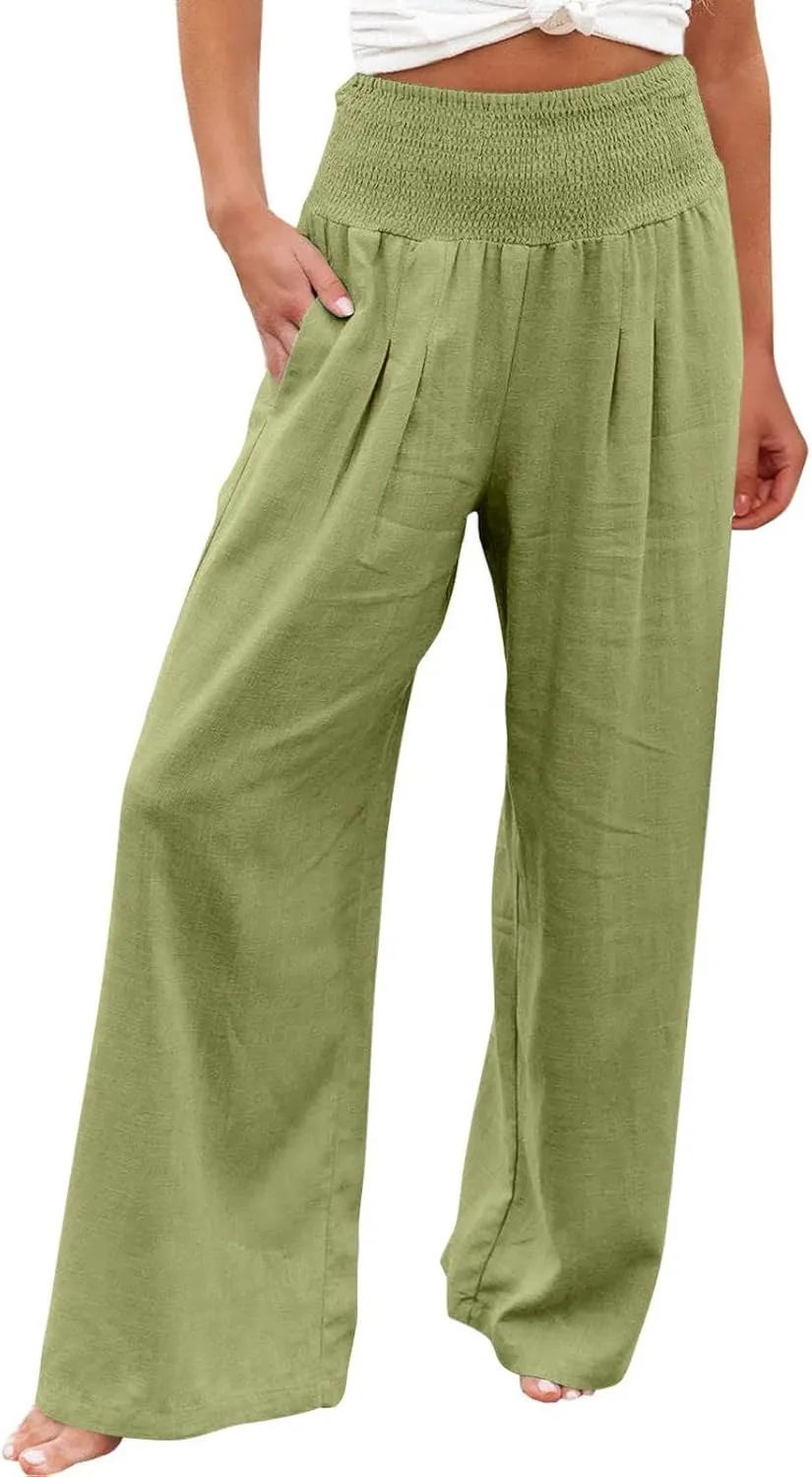 Women Linen Palazzo Pants Summer Boho Wide Leg Smocked High Waist Casual Lounge Pants Beach Travel Vacation Trousers