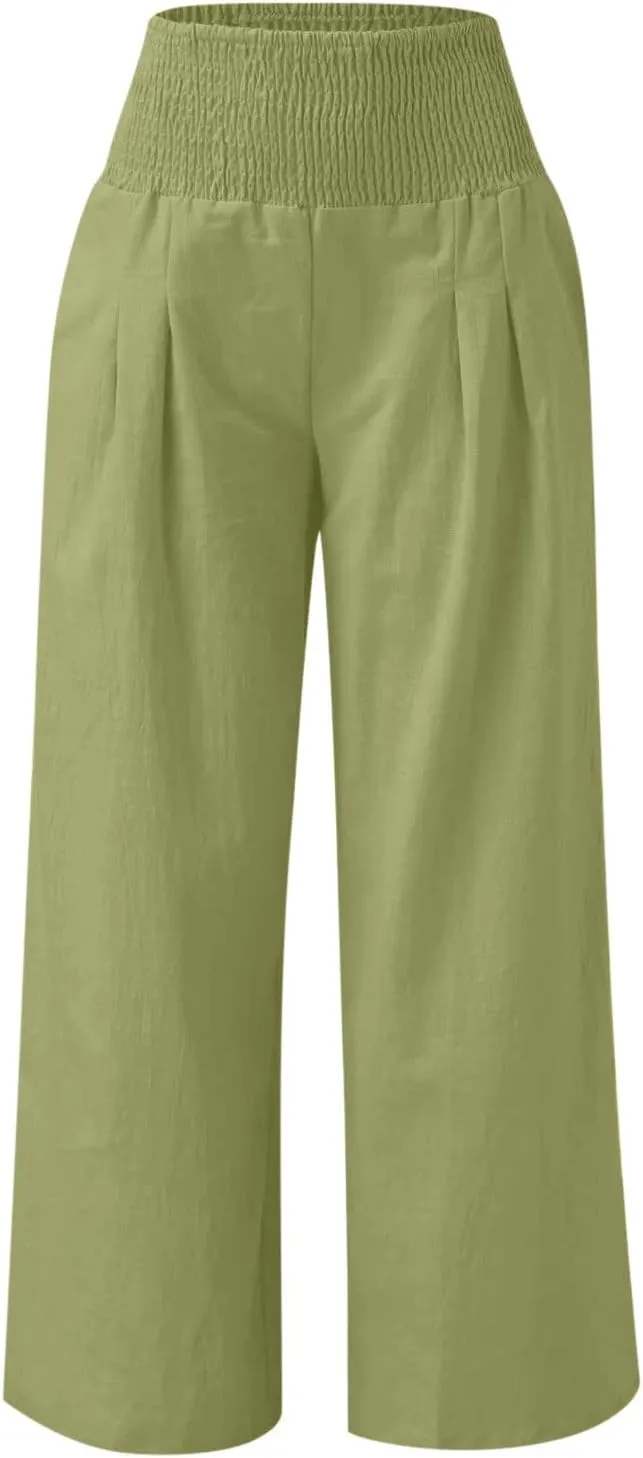 Women Linen Palazzo Pants Summer Boho Wide Leg Smocked High Waist Casual Lounge Pants Beach Travel Vacation Trousers