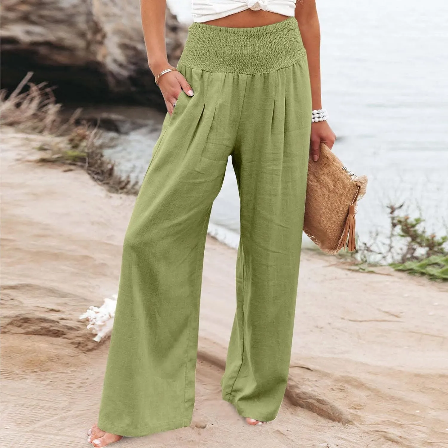 Women Linen Palazzo Pants Summer Boho Wide Leg Smocked High Waist Casual Lounge Pants Beach Travel Vacation Trousers