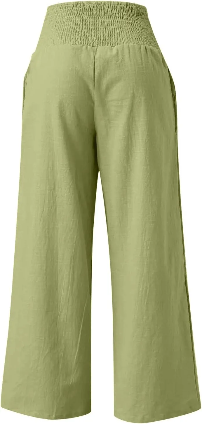 Women Linen Palazzo Pants Summer Boho Wide Leg Smocked High Waist Casual Lounge Pants Beach Travel Vacation Trousers