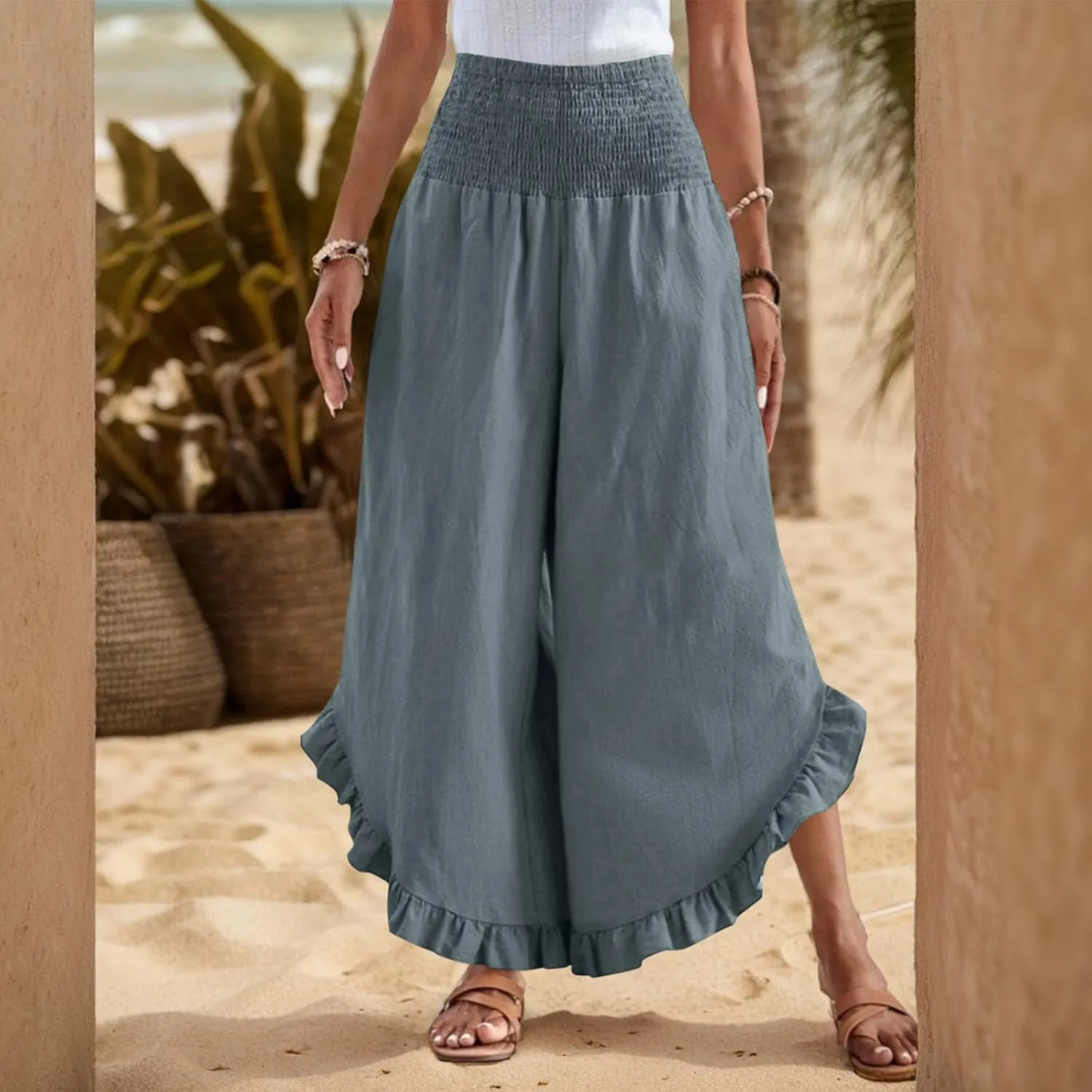 Women Linen Pants Summer 2025 Wide Leg Pants Smocked Waist Ruffle Hem Palazzo Pant Boho Flowy Beach Pant with Pocket