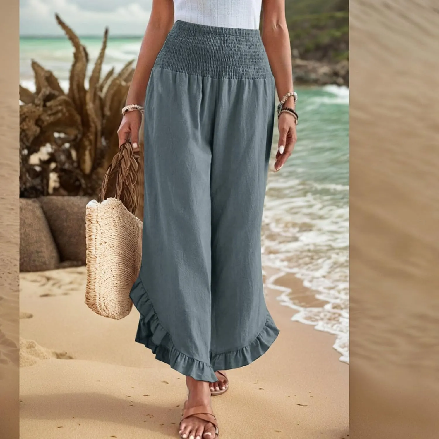 Women Linen Pants Summer 2025 Wide Leg Pants Smocked Waist Ruffle Hem Palazzo Pant Boho Flowy Beach Pant with Pocket