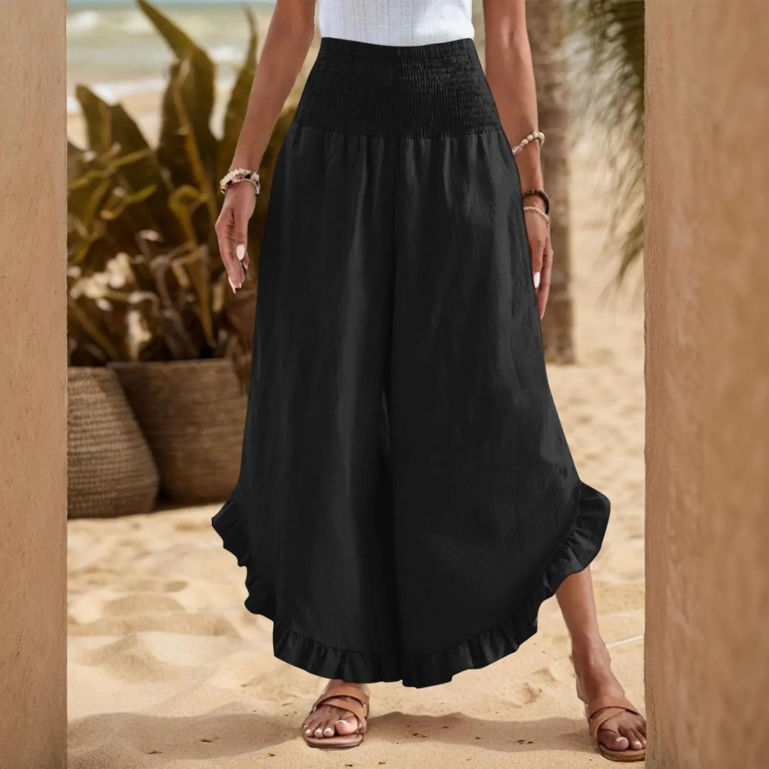 Women Linen Pants Summer 2025 Wide Leg Pants Smocked Waist Ruffle Hem Palazzo Pant Boho Flowy Beach Pant with Pocket