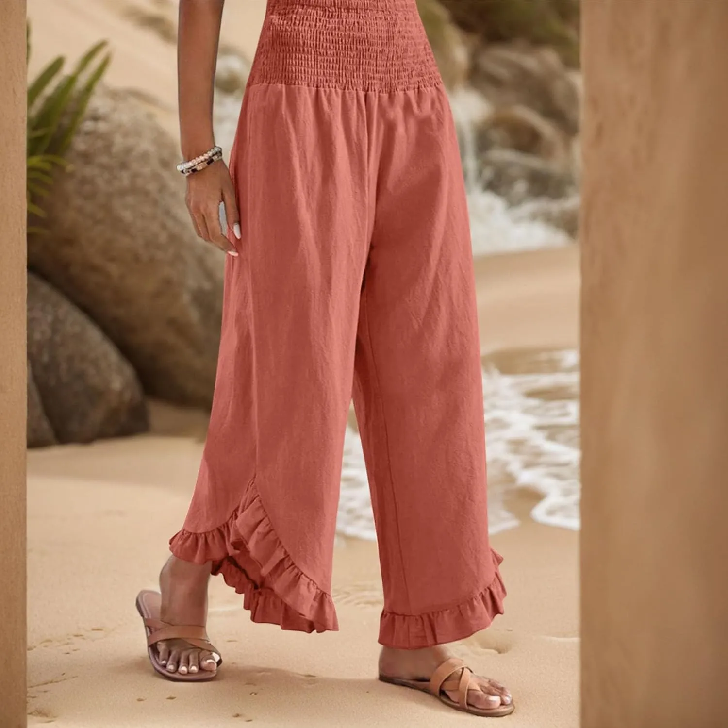 Women Linen Pants Summer 2025 Wide Leg Pants Smocked Waist Ruffle Hem Palazzo Pant Boho Flowy Beach Pant with Pocket