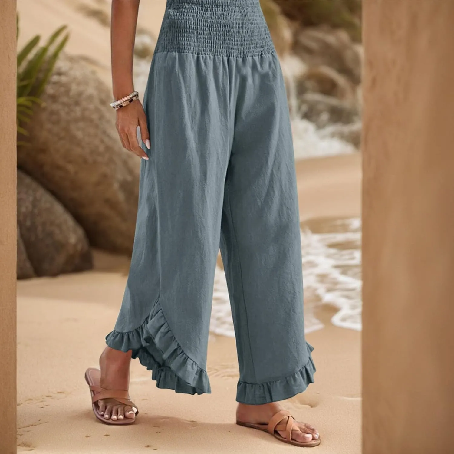 Women Linen Pants Summer 2025 Wide Leg Pants Smocked Waist Ruffle Hem Palazzo Pant Boho Flowy Beach Pant with Pocket