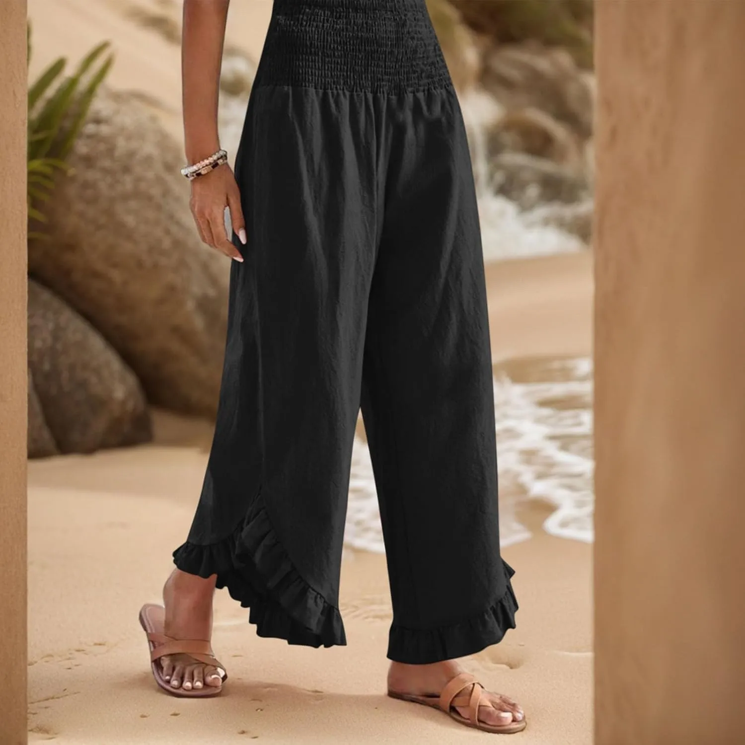 Women Linen Pants Summer 2025 Wide Leg Pants Smocked Waist Ruffle Hem Palazzo Pant Boho Flowy Beach Pant with Pocket