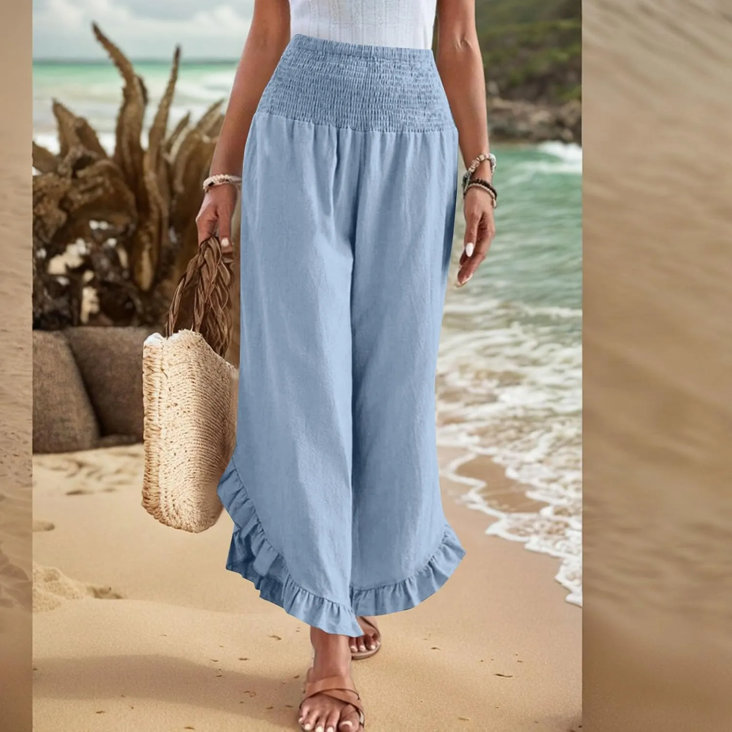 Women Linen Pants Summer 2025 Wide Leg Pants Smocked Waist Ruffle Hem Palazzo Pant Boho Flowy Beach Pant with Pocket