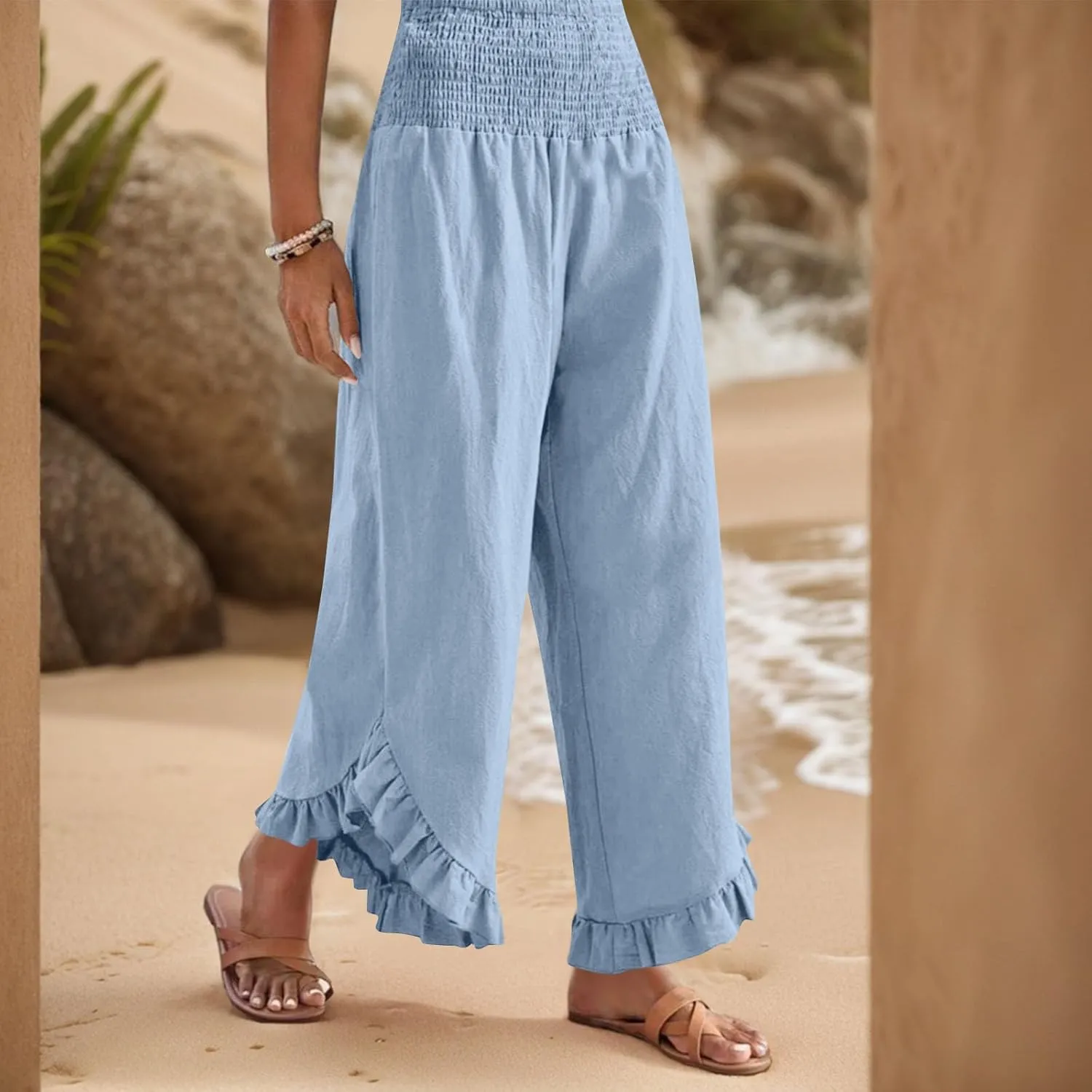 Women Linen Pants Summer 2025 Wide Leg Pants Smocked Waist Ruffle Hem Palazzo Pant Boho Flowy Beach Pant with Pocket
