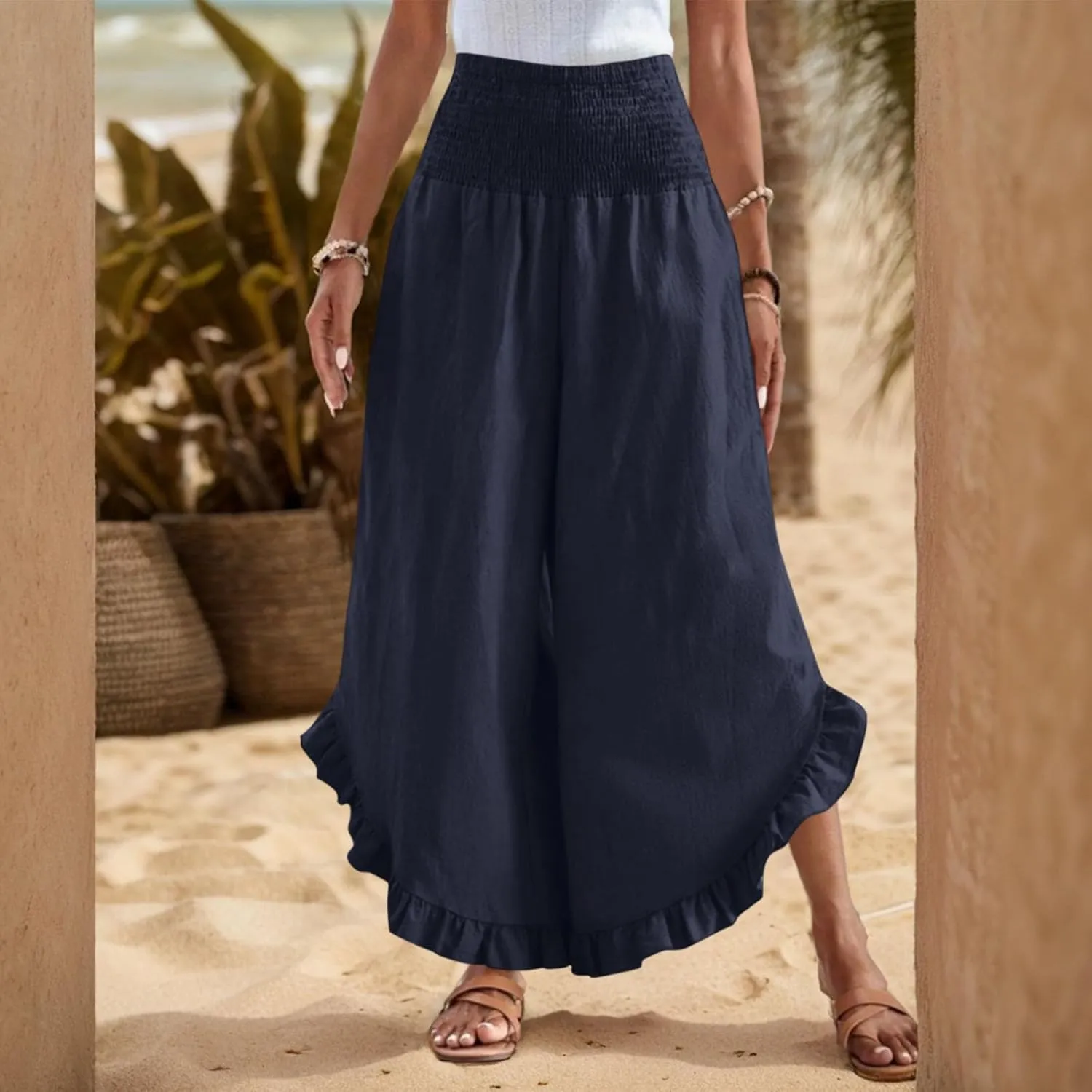 Women Linen Pants Summer 2025 Wide Leg Pants Smocked Waist Ruffle Hem Palazzo Pant Boho Flowy Beach Pant with Pocket