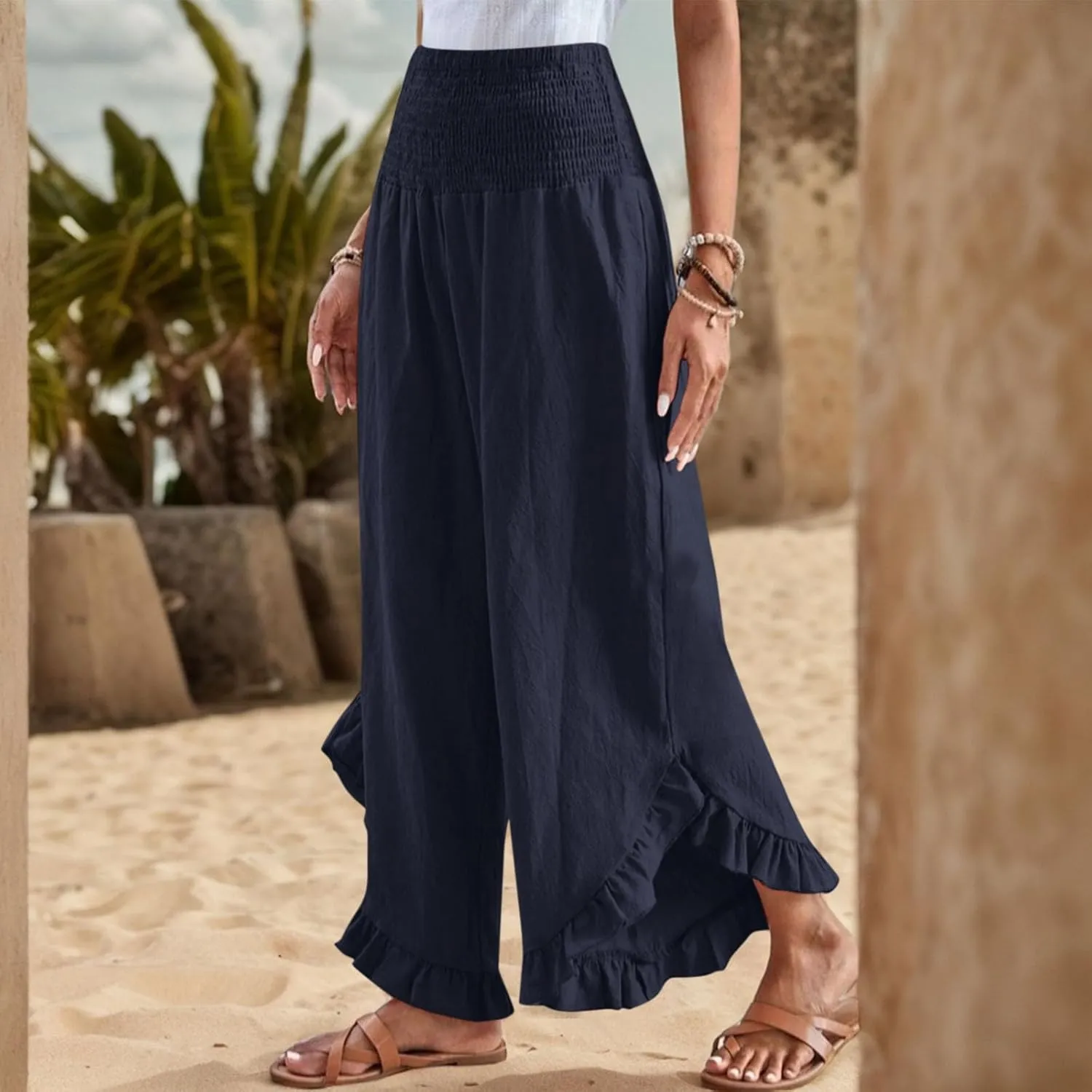 Women Linen Pants Summer 2025 Wide Leg Pants Smocked Waist Ruffle Hem Palazzo Pant Boho Flowy Beach Pant with Pocket