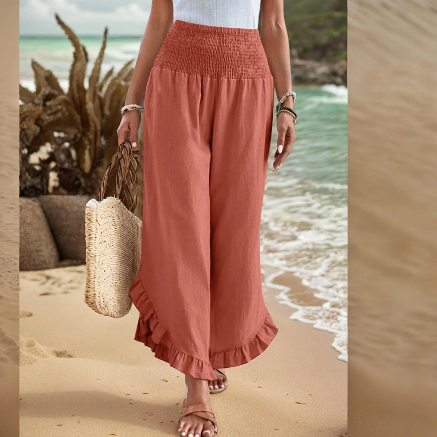 Women Linen Pants Summer 2025 Wide Leg Pants Smocked Waist Ruffle Hem Palazzo Pant Boho Flowy Beach Pant with Pocket
