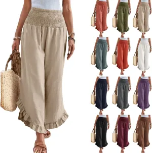 Women Linen Pants Summer 2025 Wide Leg Pants Smocked Waist Ruffle Hem Palazzo Pant Boho Flowy Beach Pant with Pocket