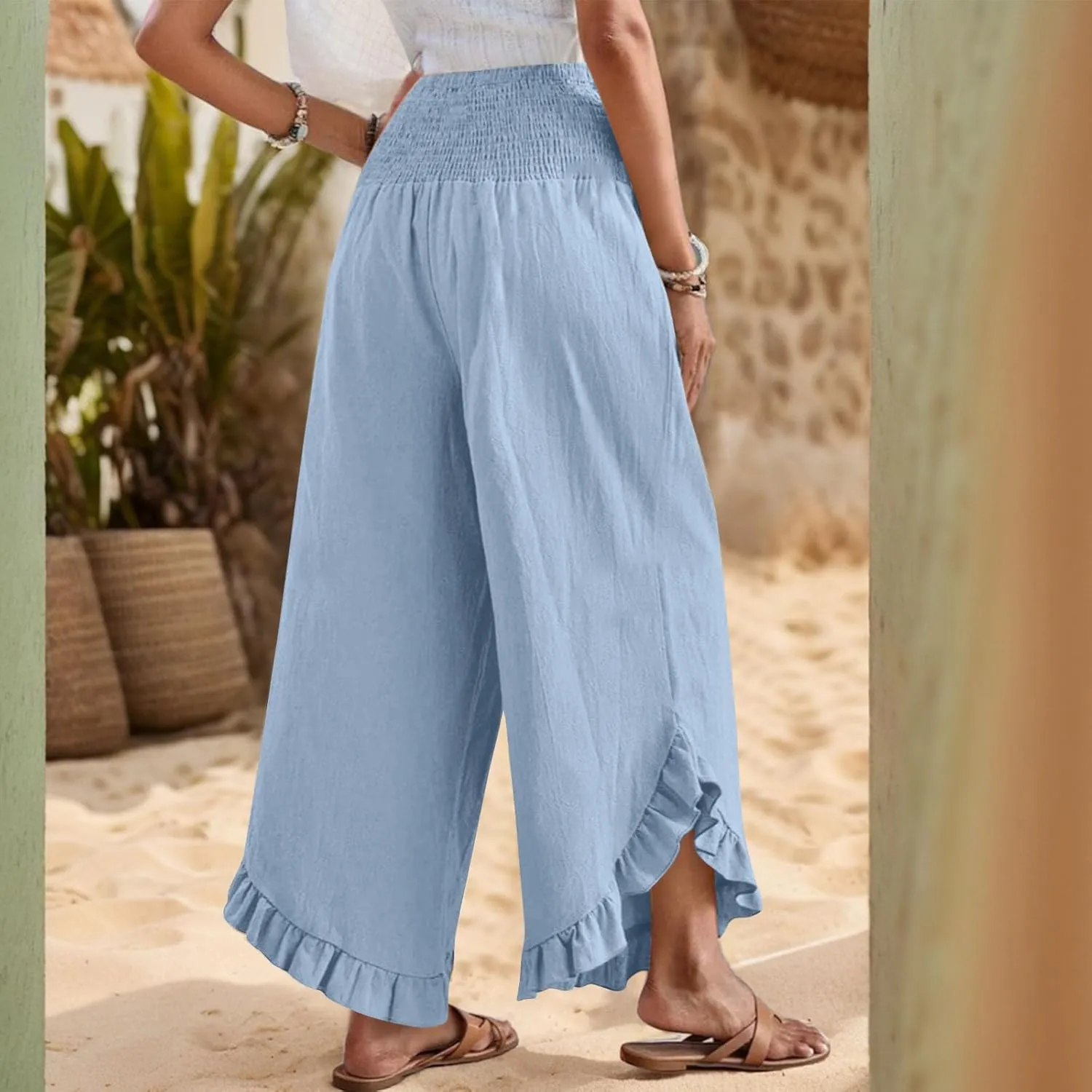Women Linen Pants Summer 2025 Wide Leg Pants Smocked Waist Ruffle Hem Palazzo Pant Boho Flowy Beach Pant with Pocket
