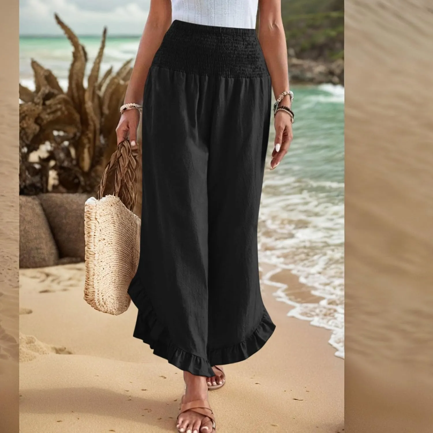 Women Linen Pants Summer 2025 Wide Leg Pants Smocked Waist Ruffle Hem Palazzo Pant Boho Flowy Beach Pant with Pocket
