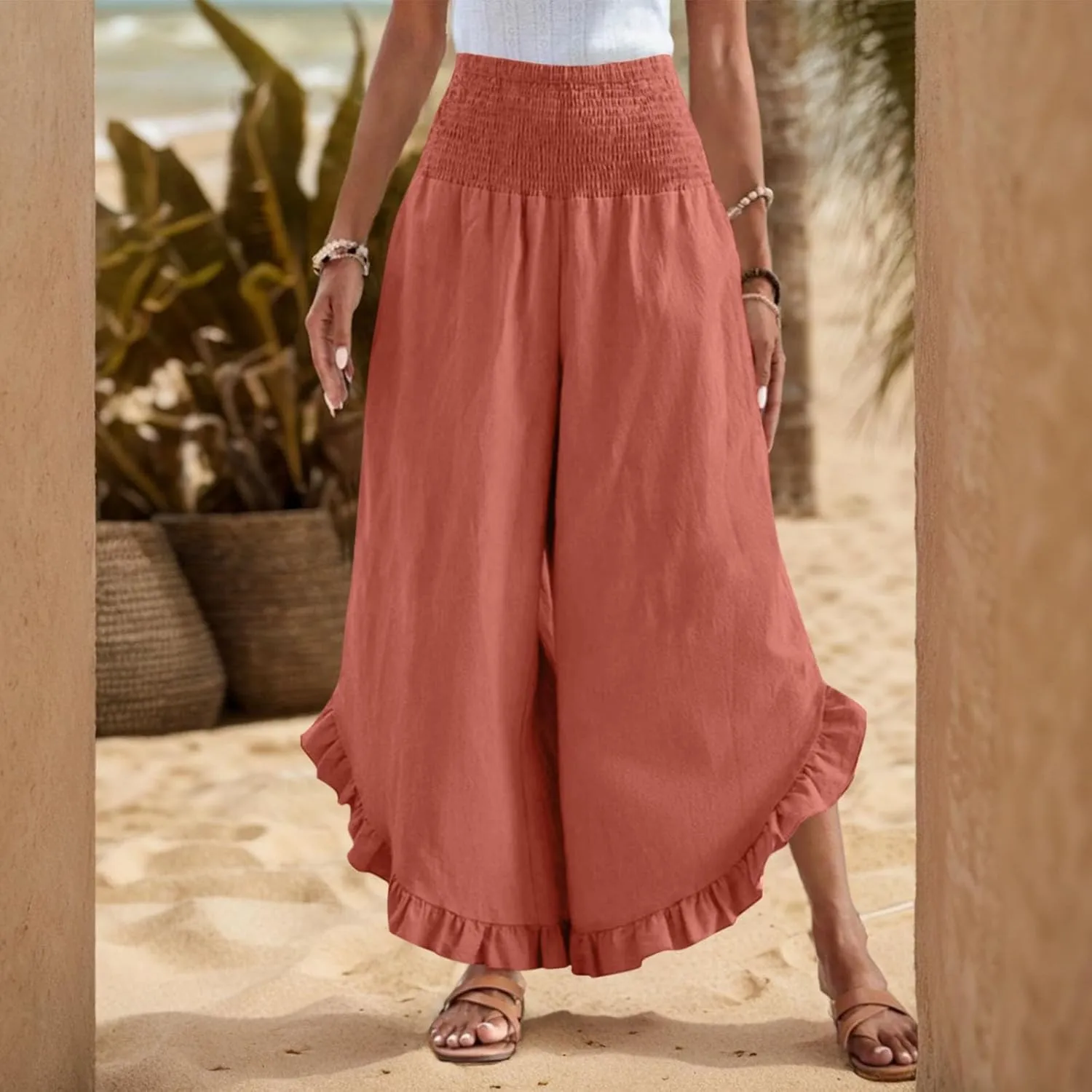 Women Linen Pants Summer 2025 Wide Leg Pants Smocked Waist Ruffle Hem Palazzo Pant Boho Flowy Beach Pant with Pocket