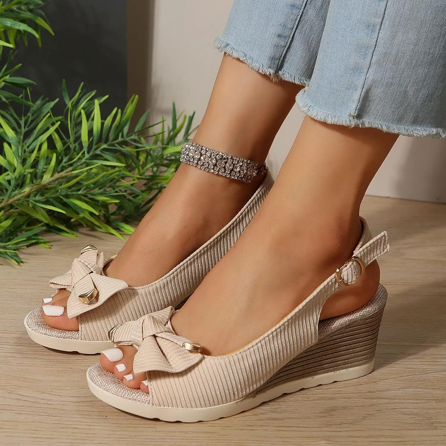 Women Low Wedge Heel Sandals Open Toe Lady Work Summer Shoes Solid Bow Fabric Buckle Thick Sole Wedge Sandals Slingback Fishmouth Espadrille Platform Sandals Elegant Casual Fashion Shoes