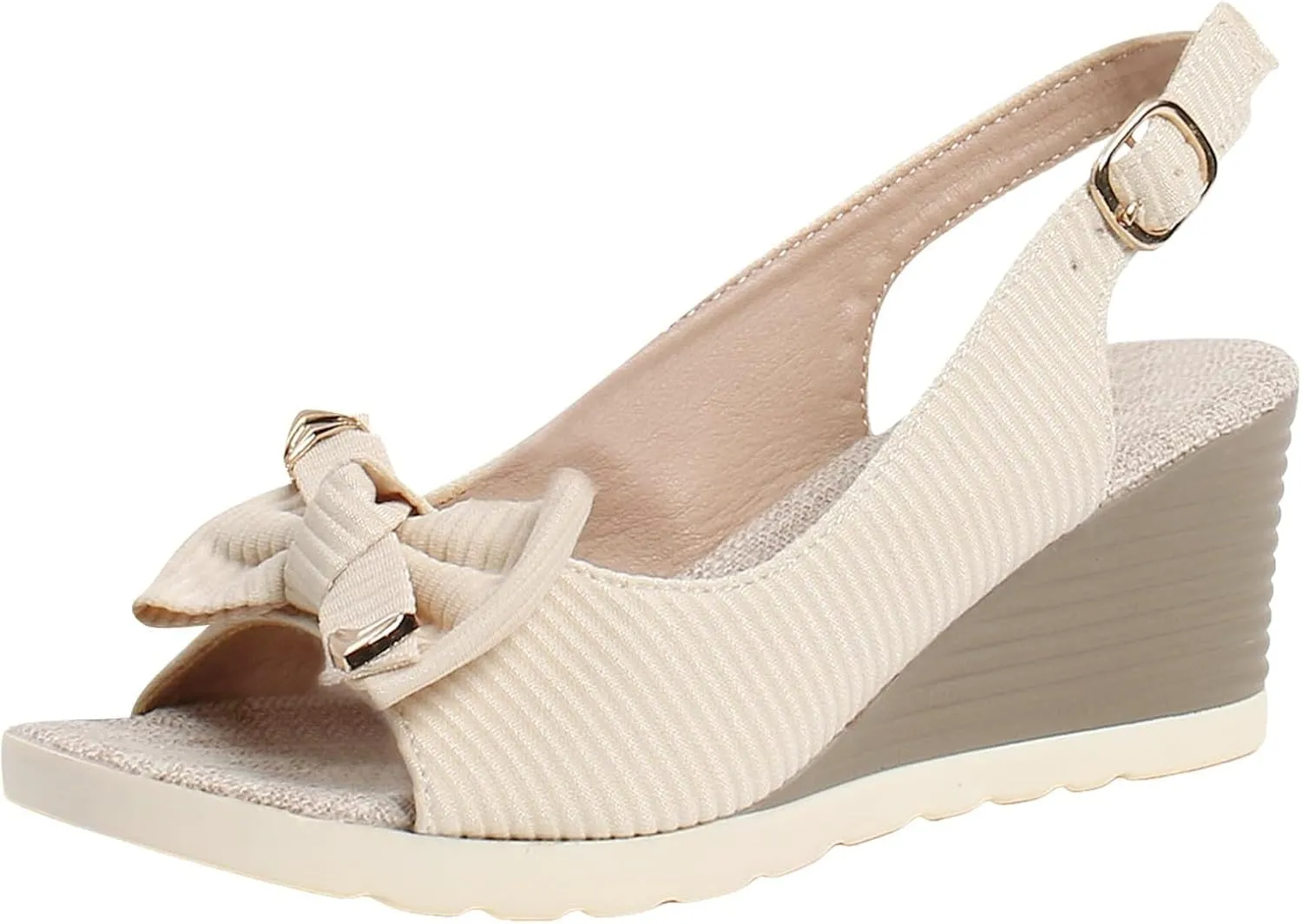 Women Low Wedge Heel Sandals Open Toe Lady Work Summer Shoes Solid Bow Fabric Buckle Thick Sole Wedge Sandals Slingback Fishmouth Espadrille Platform Sandals Elegant Casual Fashion Shoes