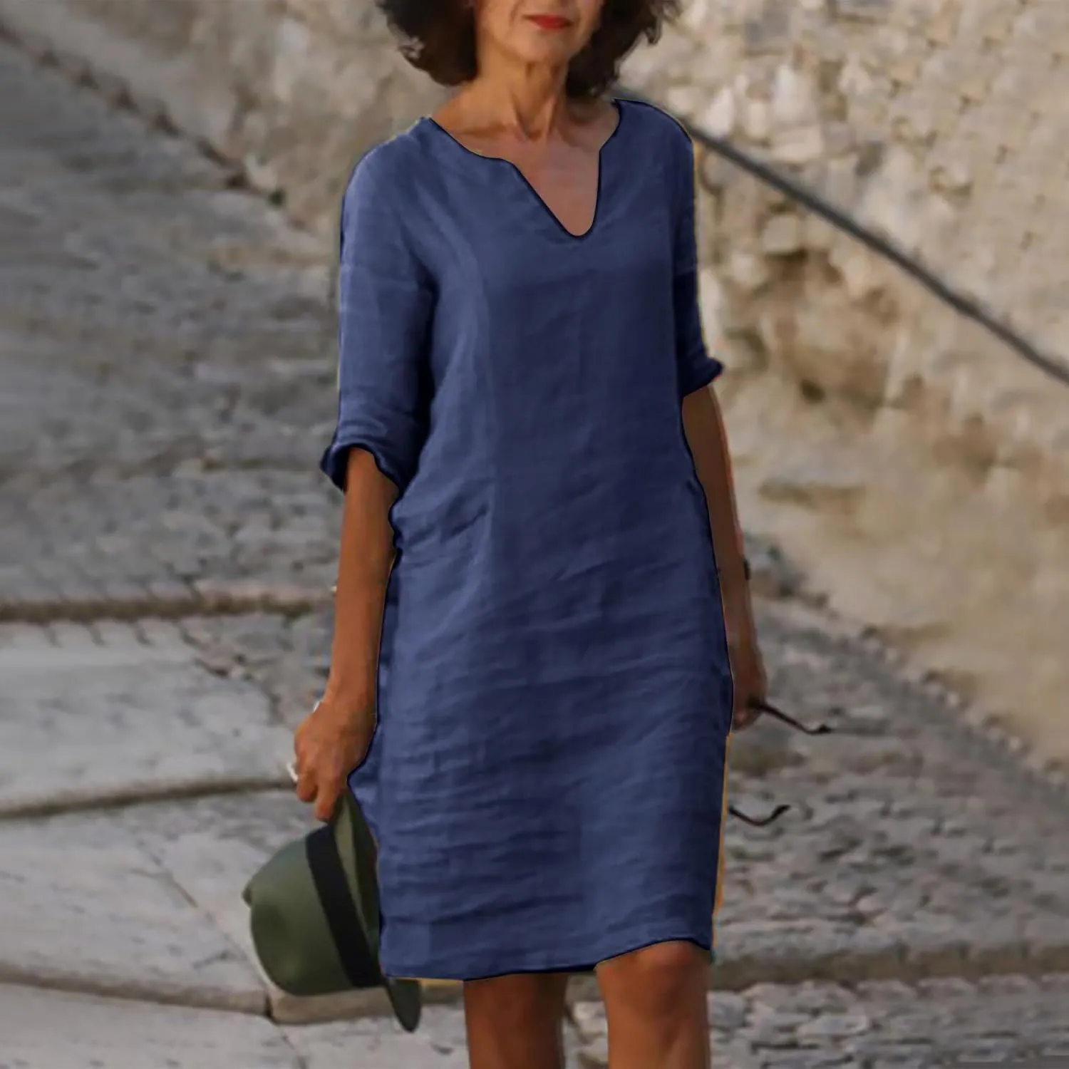 Women Midi Shirt Dresses Lapel Cotton Dress V Neck Linen Dress Summer Half Sleeve Knee Length Dress Casual Crewneck Dresses