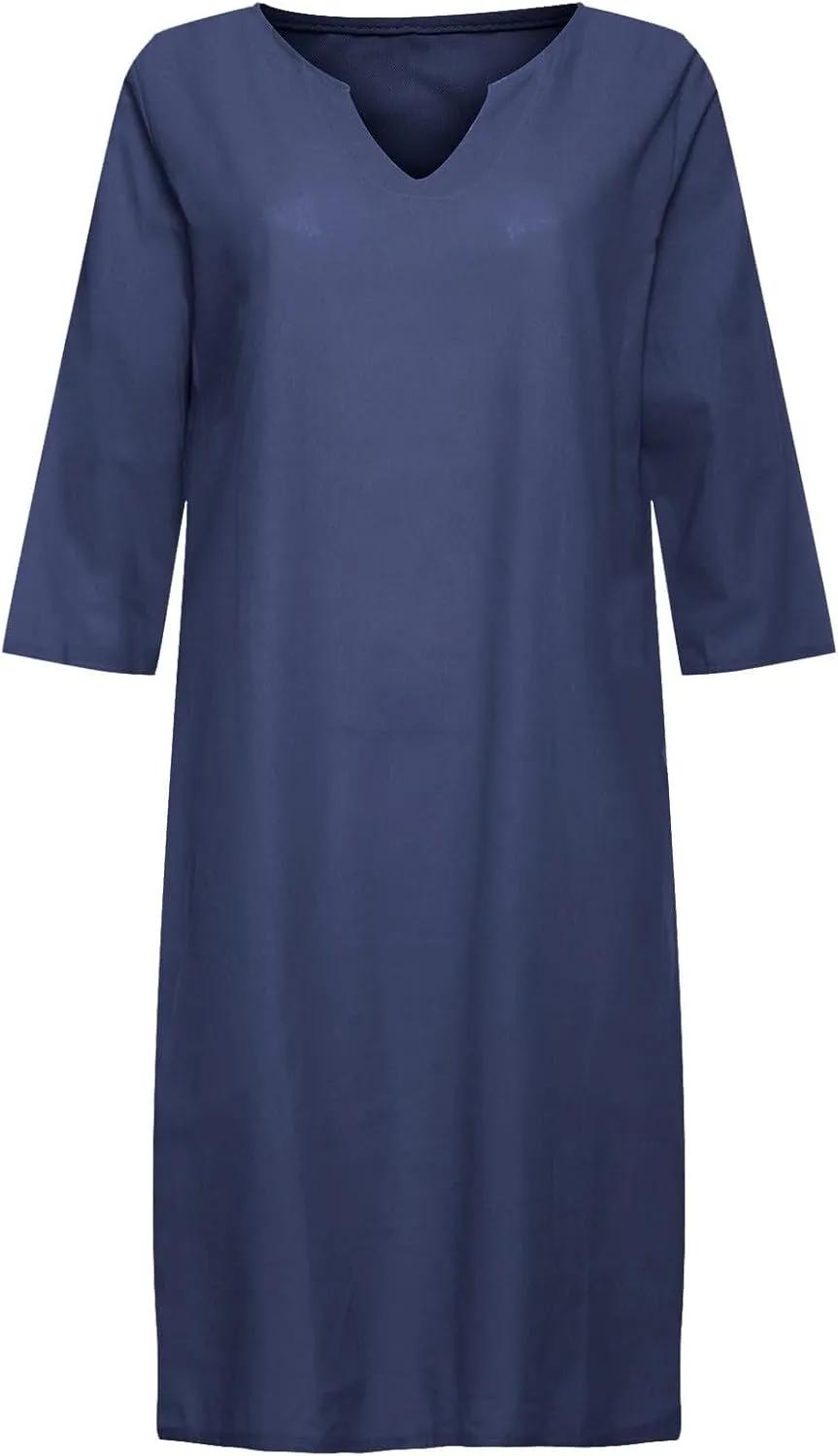 Women Midi Shirt Dresses Lapel Cotton Dress V Neck Linen Dress Summer Half Sleeve Knee Length Dress Casual Crewneck Dresses