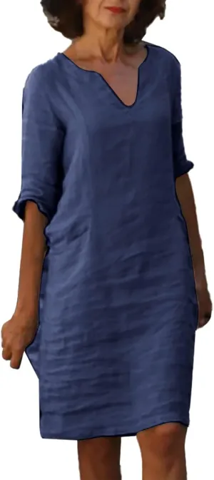 Women Midi Shirt Dresses Lapel Cotton Dress V Neck Linen Dress Summer Half Sleeve Knee Length Dress Casual Crewneck Dresses