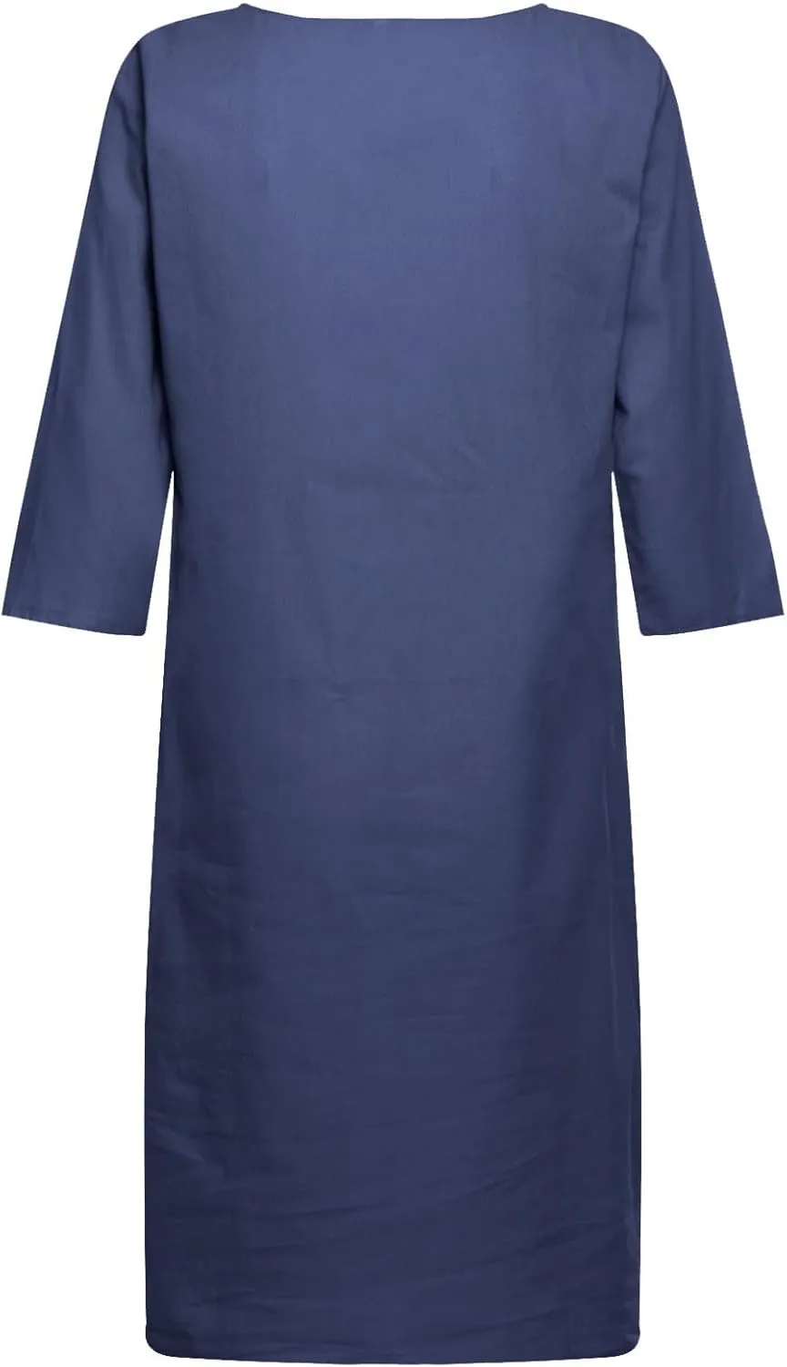 Women Midi Shirt Dresses Lapel Cotton Dress V Neck Linen Dress Summer Half Sleeve Knee Length Dress Casual Crewneck Dresses