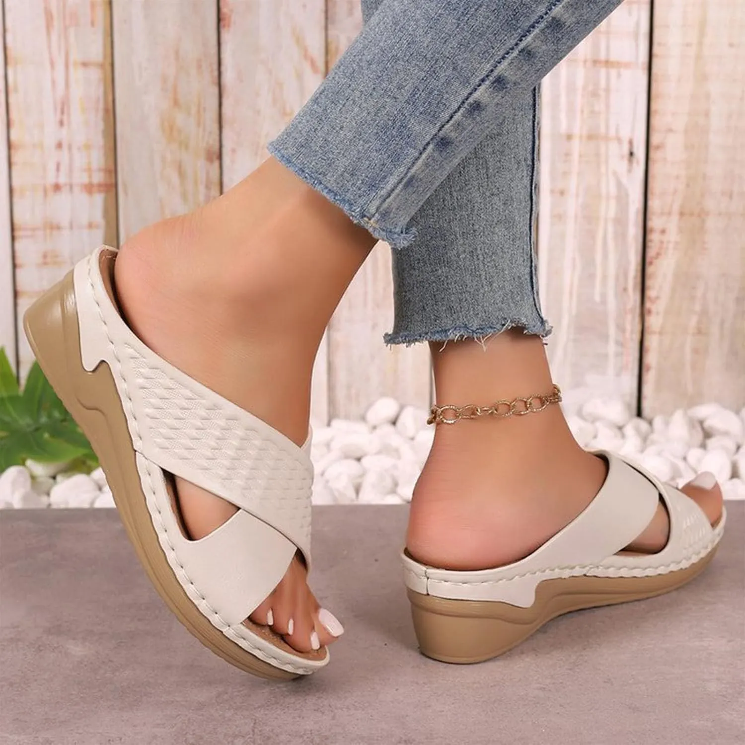 Women Orthopedic Slide Sandals Criss Cross Band Arch Support Slip On Sandal Summer Beach Casual Comfort Walking Slides