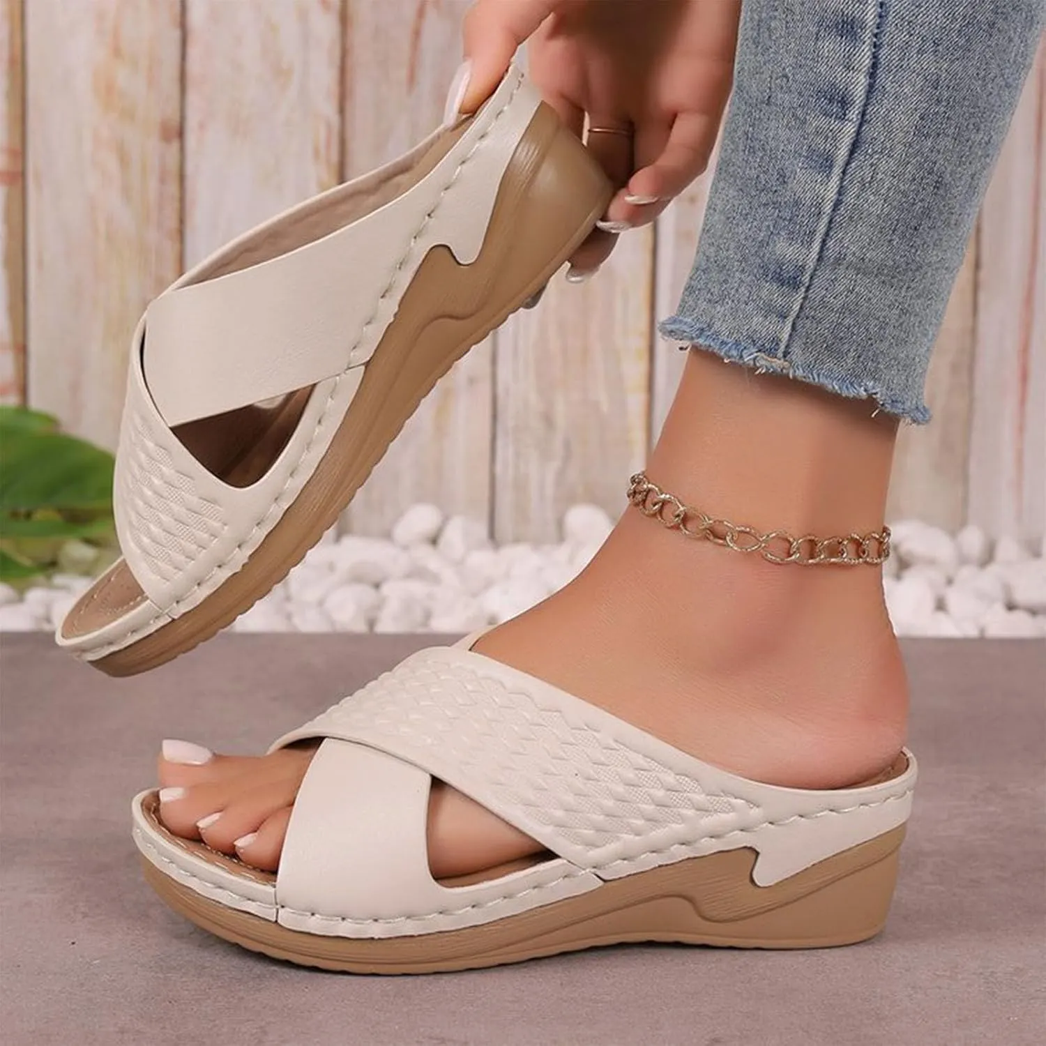 Women Orthopedic Slide Sandals Criss Cross Band Arch Support Slip On Sandal Summer Beach Casual Comfort Walking Slides