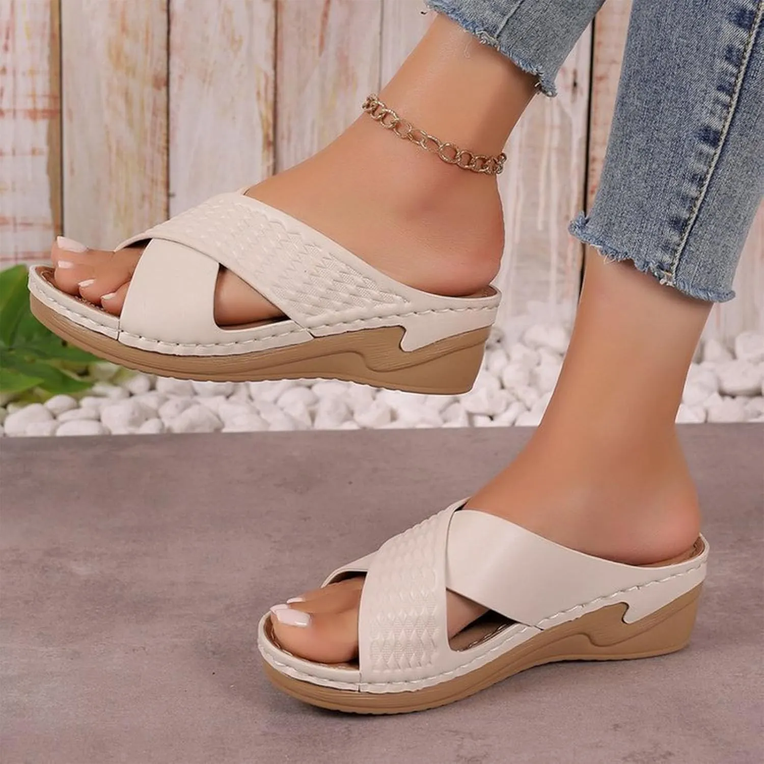 Women Orthopedic Slide Sandals Criss Cross Band Arch Support Slip On Sandal Summer Beach Casual Comfort Walking Slides