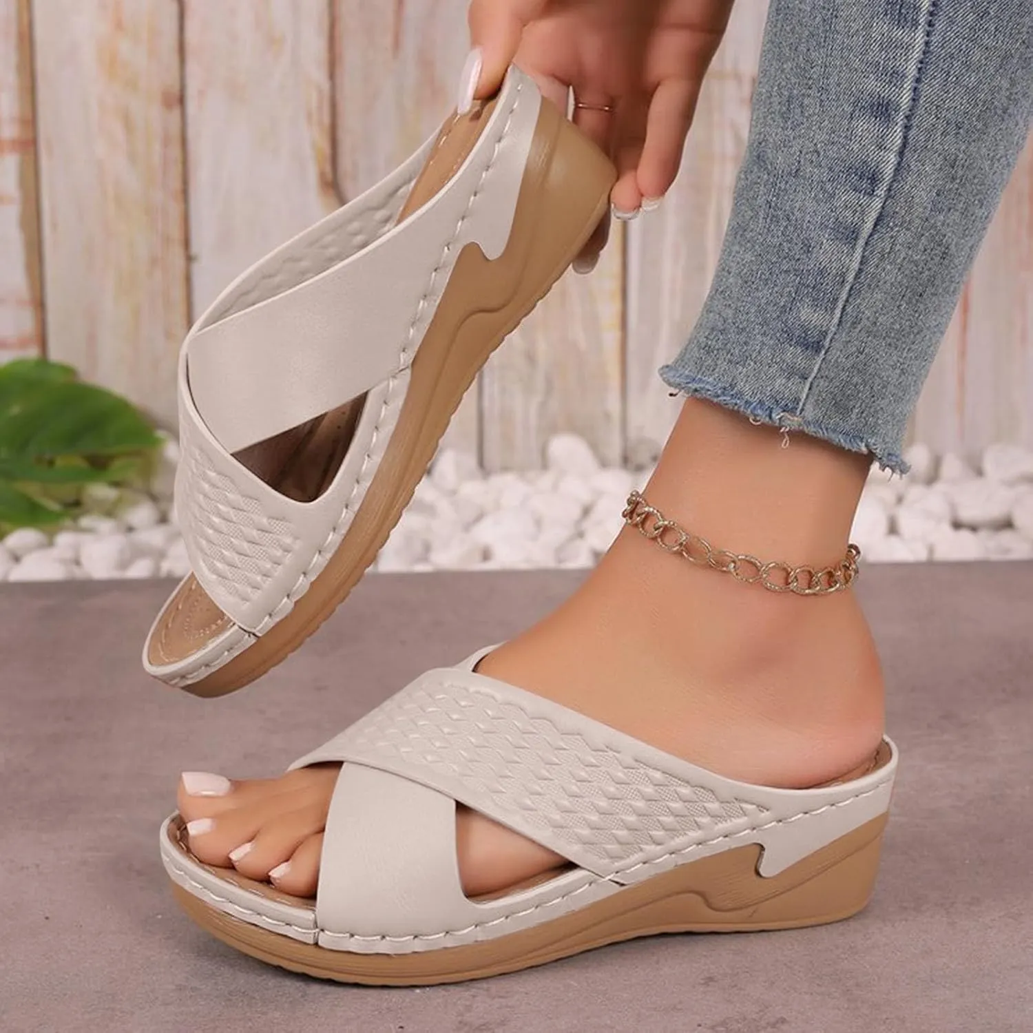 Women Orthopedic Slide Sandals Criss Cross Band Arch Support Slip On Sandal Summer Beach Casual Comfort Walking Slides