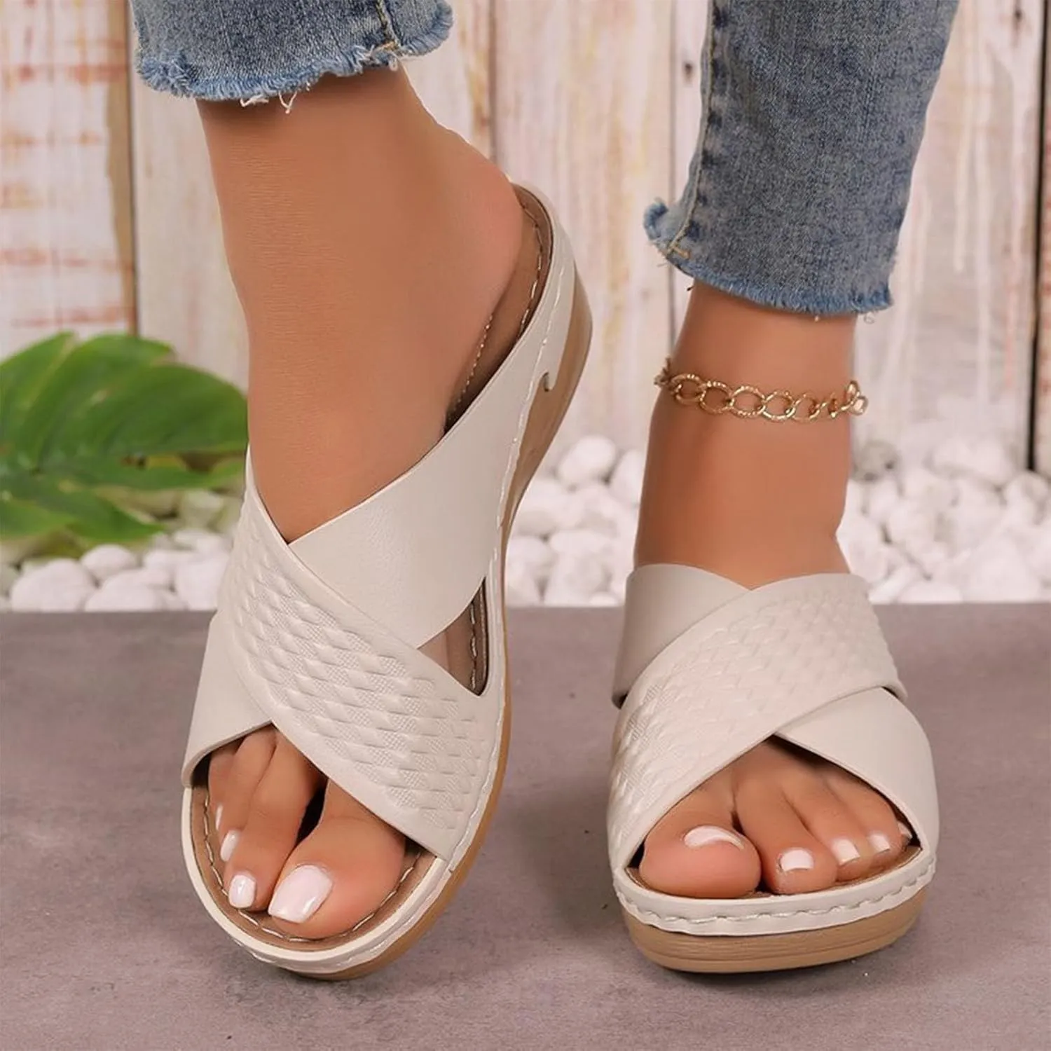 Women Orthopedic Slide Sandals Criss Cross Band Arch Support Slip On Sandal Summer Beach Casual Comfort Walking Slides