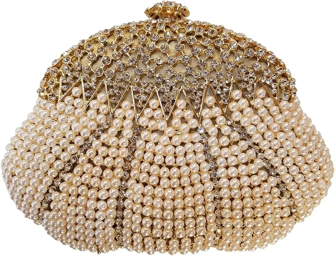 Women Pearl Rhinestone Clutch Evening Purses Elegant Crystal Beaded Bag Wedding Clutch with Chain for Wedding Prom