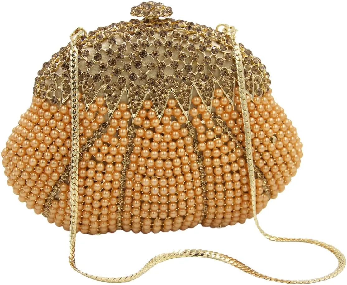 Women Pearl Rhinestone Clutch Evening Purses Elegant Crystal Beaded Bag Wedding Clutch with Chain for Wedding Prom