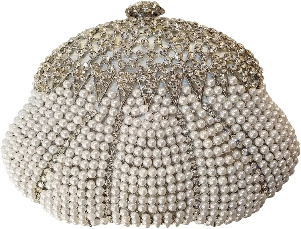 Women Pearl Rhinestone Clutch Evening Purses Elegant Crystal Beaded Bag Wedding Clutch with Chain for Wedding Prom