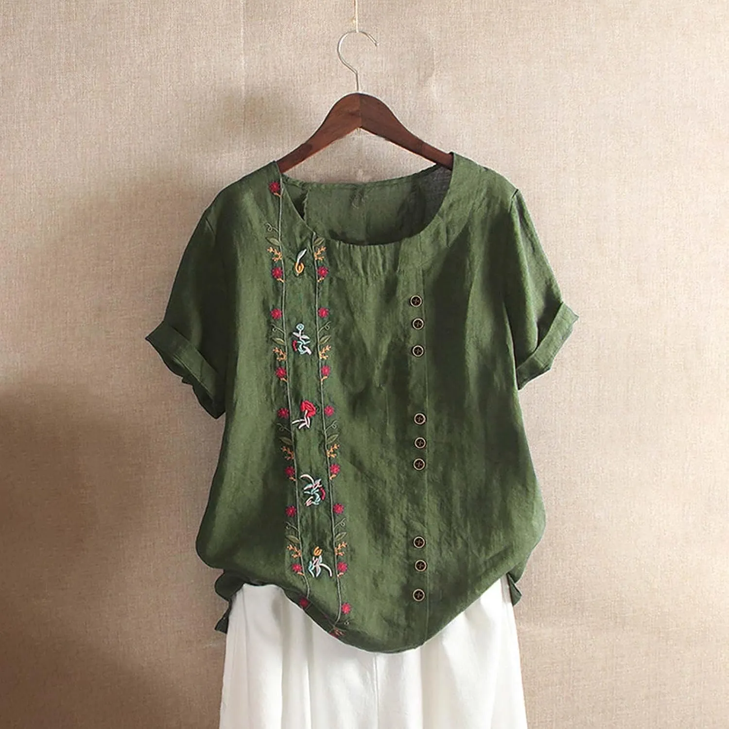 Women Short Sleeve Linen Shirts 2024 Trendy Crewneck Flower Printed Tees Blouse Casual Comfy Cotton Summer Tops