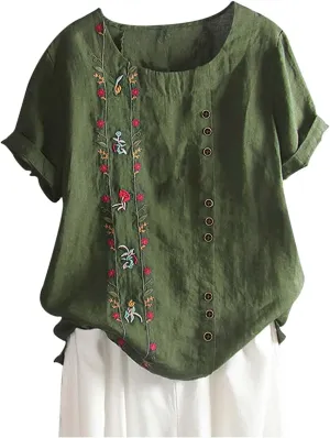Women Short Sleeve Linen Shirts 2024 Trendy Crewneck Flower Printed Tees Blouse Casual Comfy Cotton Summer Tops