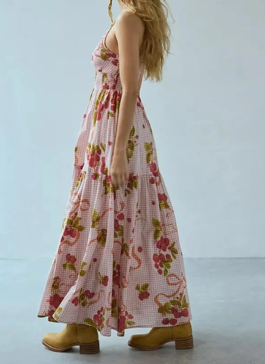 Women Spaghetti Strap V Neck Floral Maxi Dress Sleeveless Flowy Tiered Long Dress Colorful Summer Vocation Sundress