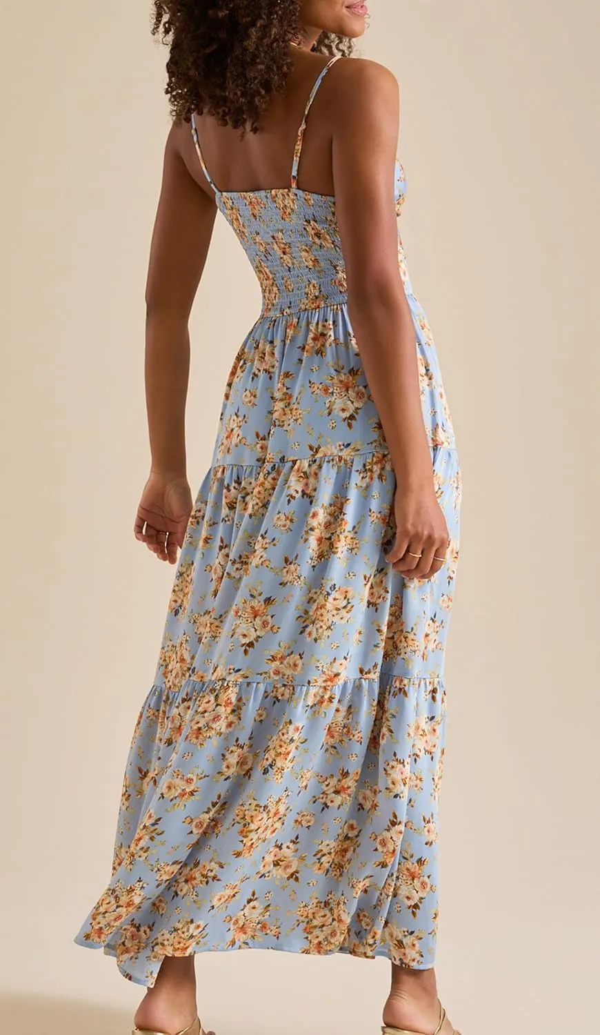 Women Spaghetti Strap V Neck Floral Maxi Dress Sleeveless Flowy Tiered Long Dress Colorful Summer Vocation Sundress