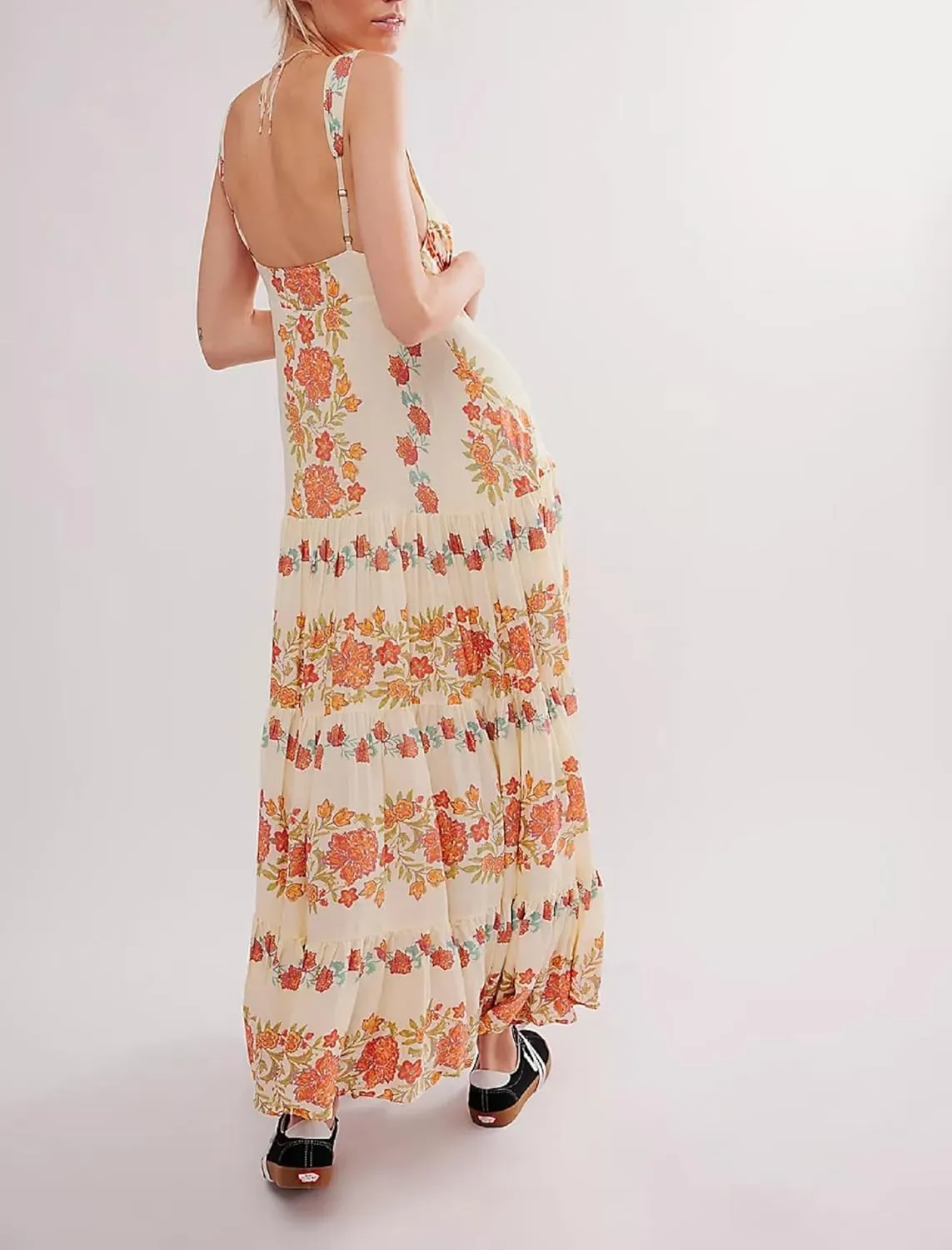 Women Spaghetti Strap V Neck Floral Maxi Dress Sleeveless Flowy Tiered Long Dress Colorful Summer Vocation Sundress